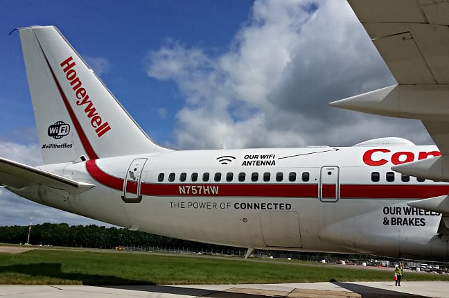 The tail of Honeywell's testbed Boeing 757, complete with blister for Inmarsat satellite Wi-Fi