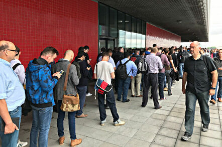 Queues outside AWS Summit 2017, held in London's Excel centre