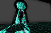 A silhouette walks through a keyhole leaking binary