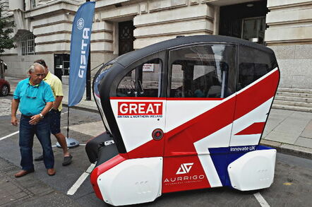 An RDM Group-made driverless pod, outside the FISITA Plus conference at London County Hall