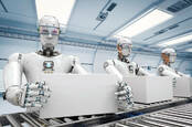 robots assemble goods on conveyor belt