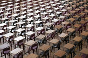 Exam hall full of desks