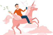 Chap riding unicorn while using a smartphone and throwing away money