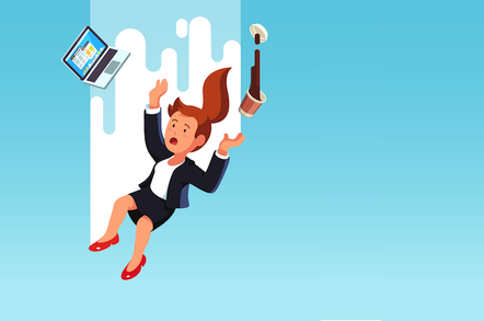 Woman falling with computer and coffe mug