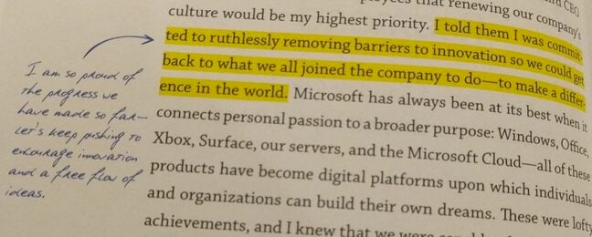 A highlighted and annotated passage in the Employee's edition of Satya Nadella's Hit Refresh