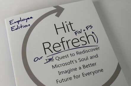 The cover of the employee edition of Satya Nadella's Hit Refresh