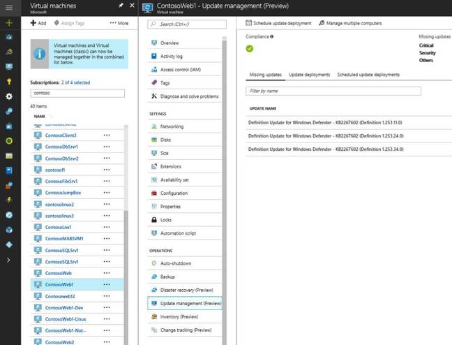 Operations in the Azure Portal include managing updates, examining installed applications, and tracking changes