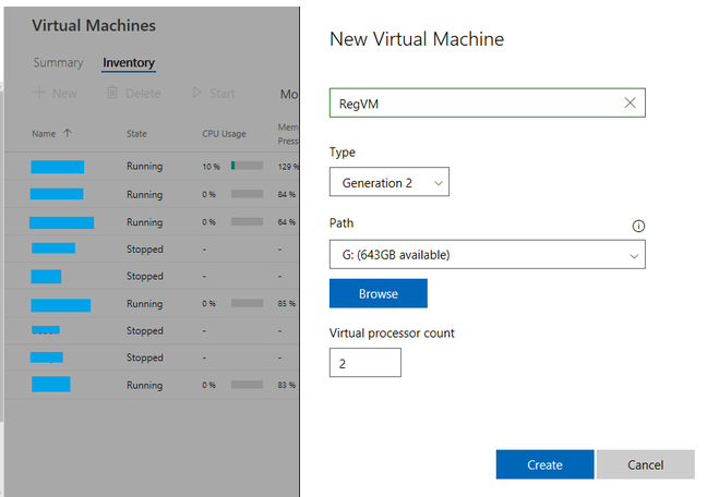 Creating a virtual machine via the browser