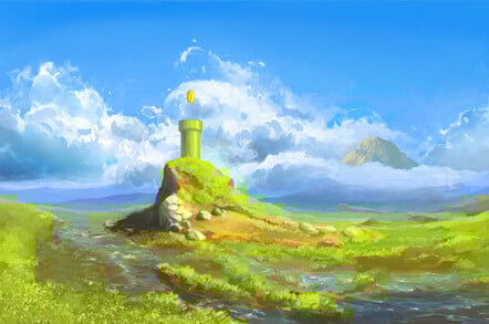 Mario Bros style plumbing pipe topped with single pixelated gold coin against a naturalistic painted landscape - clouds in the background