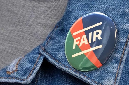 The proposed badge on Martha lane Fox's doteveryone site. Jean jacket with a round lapel badge reading "fair"