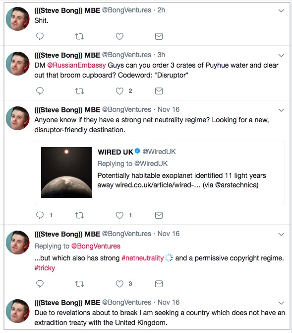 Tweets by Mr Bong indicating a strong desire to find a new country