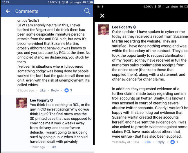 Two screenshots of Lee Fogarty's Facebook posts