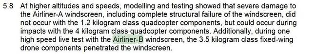 An extract showing how the Airliner-B windscreen results were cited as if they were a real test