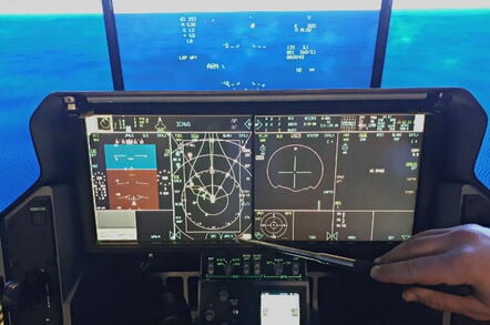 The cockpit of the F-35 simulator