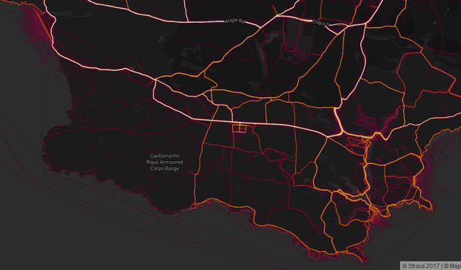 Castlemartin Ranges, seen on the Strava heatmap Castlemartin Ranges, seen on the Strava heatmap