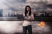 Possibly zombie woman holds laptop as blood runs down face in post apocalyptic future... 