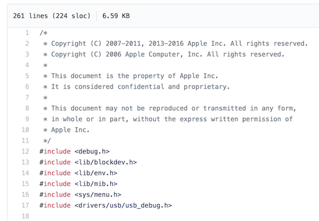 Screenshot of the leaked Apple code on Github