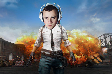 Cover of PUBG game with the PFY's head (complete with headset) superimposed on hero's shoulders