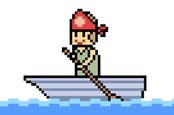 vector pixel art - man in a boat paddling with an oar
