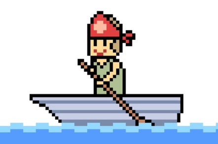 vector pixel art - man in a boat paddling with an oar