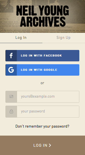 Neil Young's compulsory signup page