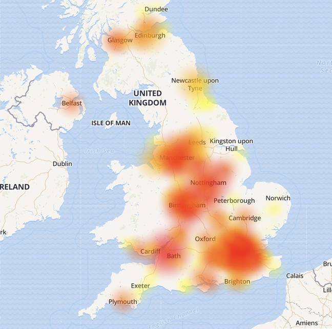 Map of UK showing outage