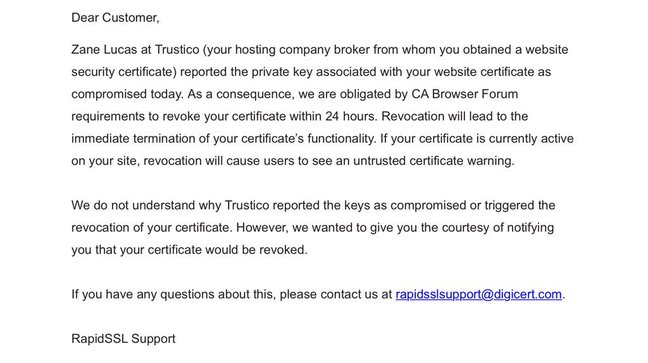 Screenshot of a RapidSSL customer email