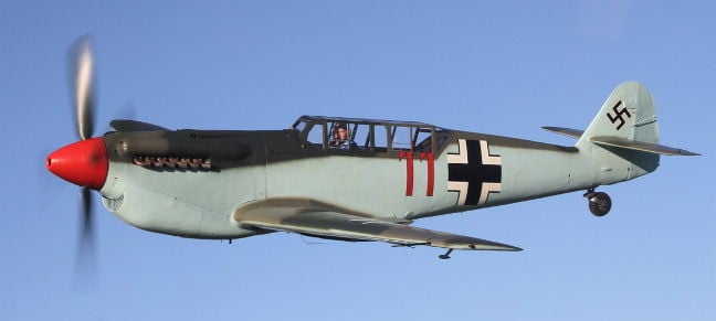 Buchon G-AWHC against the sky, left view. Pic: Air Leasing Ltd via Platinum Fighter Sales