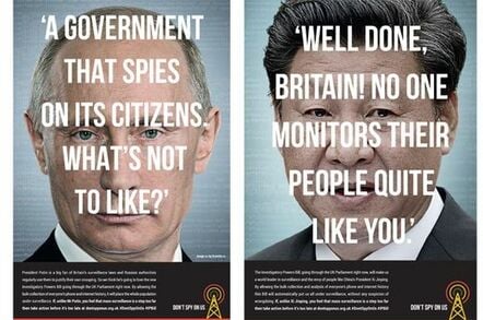 Two ads featuring Putin and Xi praising UK for mass surveillance
