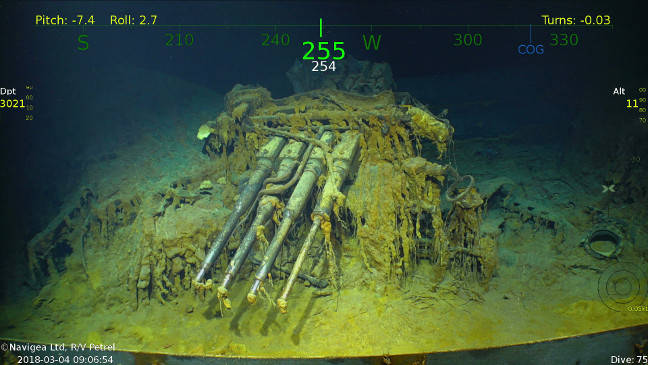 One of USS Lexington's anti-aircraft guns, as rediscovered by Paul Allen's team. Copyright Navigea Ltd