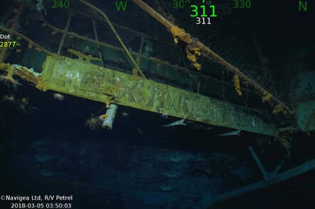 USS Lexington's nameplate, as rediscovered by Paul Allen's team. Copyright Navigea Ltd