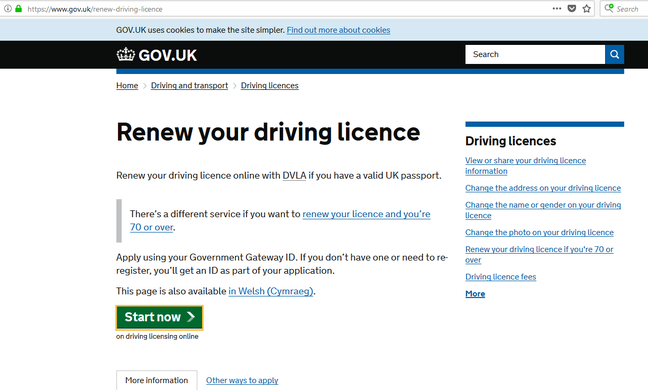 Driving licence renewal site through gov gateway