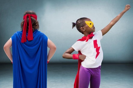 Two kids in superhero costumes/disguises.