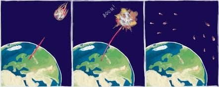 Cartoon strip of asteroid being blasted with laser Cartoon strip of asteroid being blasted with laser