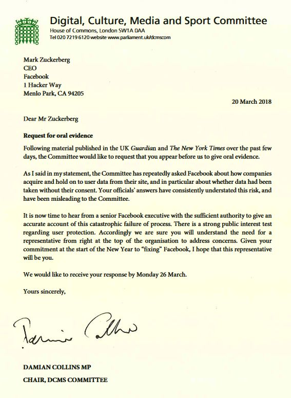 Damian Collins MP's formal letter to Mark Zuckerberg inviting him to give evidence