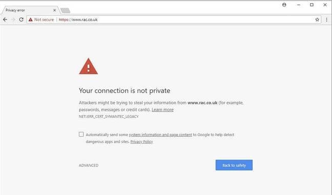 Warning in Chrome 66 beta thrown up by the RAC's Symantec SSL cert