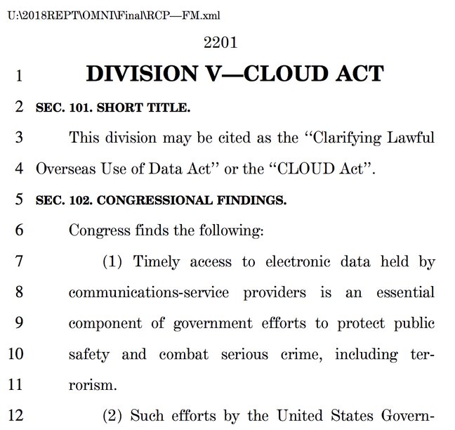 Screenshot of the CLOUD Act in the spending bill