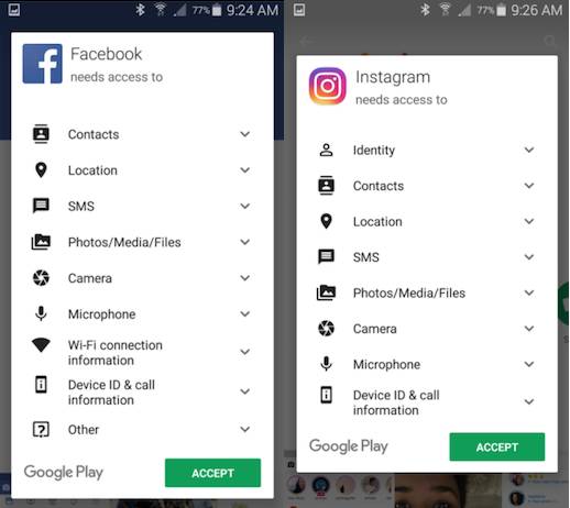 Android permissions - Facebook, Instagram