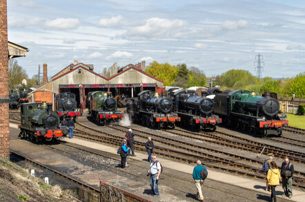 A panorama of the Didcot Rail Centre yard, and a lineup of GWR locomotives, including 0-4-0ST No. 1338 near the coaling stage, during the railways Steam Gala.