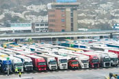 Trucks queue at the port of Dover. 
