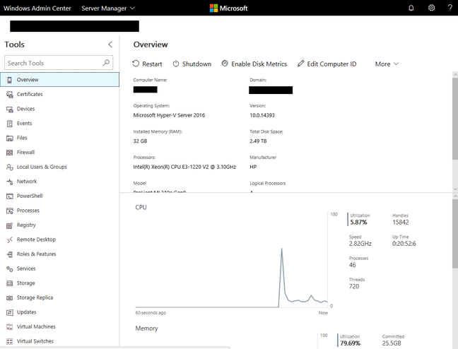 The WAC user interface with the current range of tools, including remote PowerShell and Remote Desktop