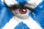 Angry man's eye peers from face painted with Scottish flag / st andrews cross