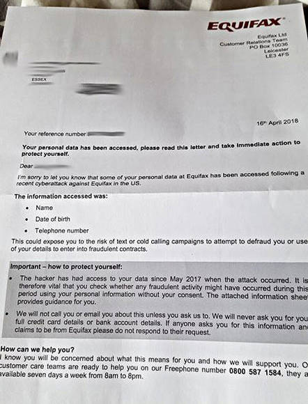 An Equifax letter received by a man in Essex
