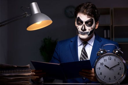 man dressed as zombie doing accounts/audit