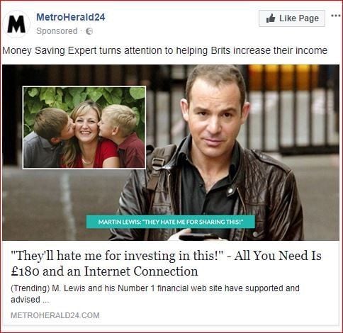 A fake Facebook advert misusing Martin Lewis' face