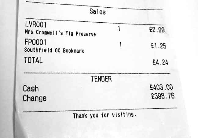 Till receipt: £400 for Mrs Cromwell's fig