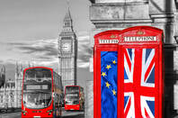 Big Ben against background of phoneboxes adorned with union jacks and eu flags
