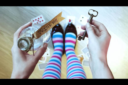 Alice looks at bottle labelled 'drink me' while holding a key - alice in wonderland illustration