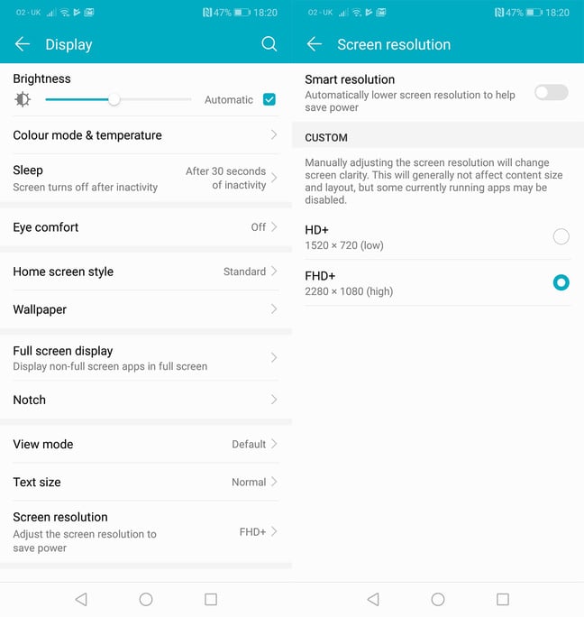 Honor 10 display settings