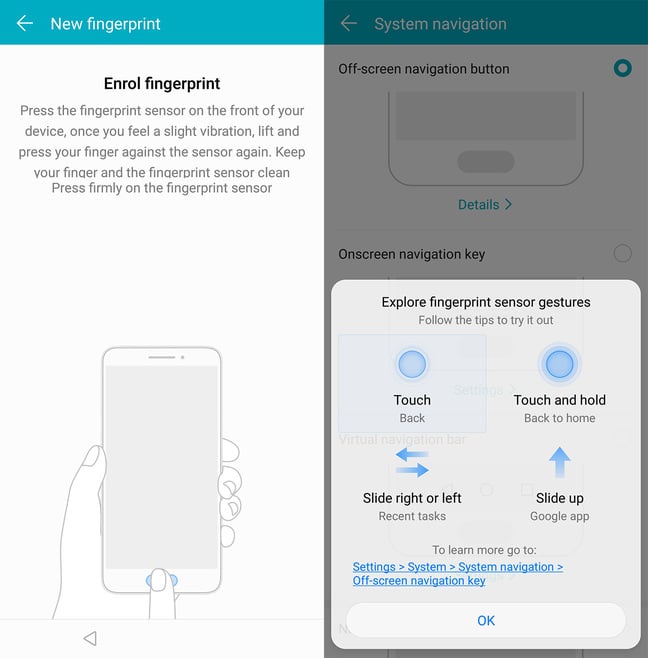 Honor 10 fingerprint enrolment and navigation options